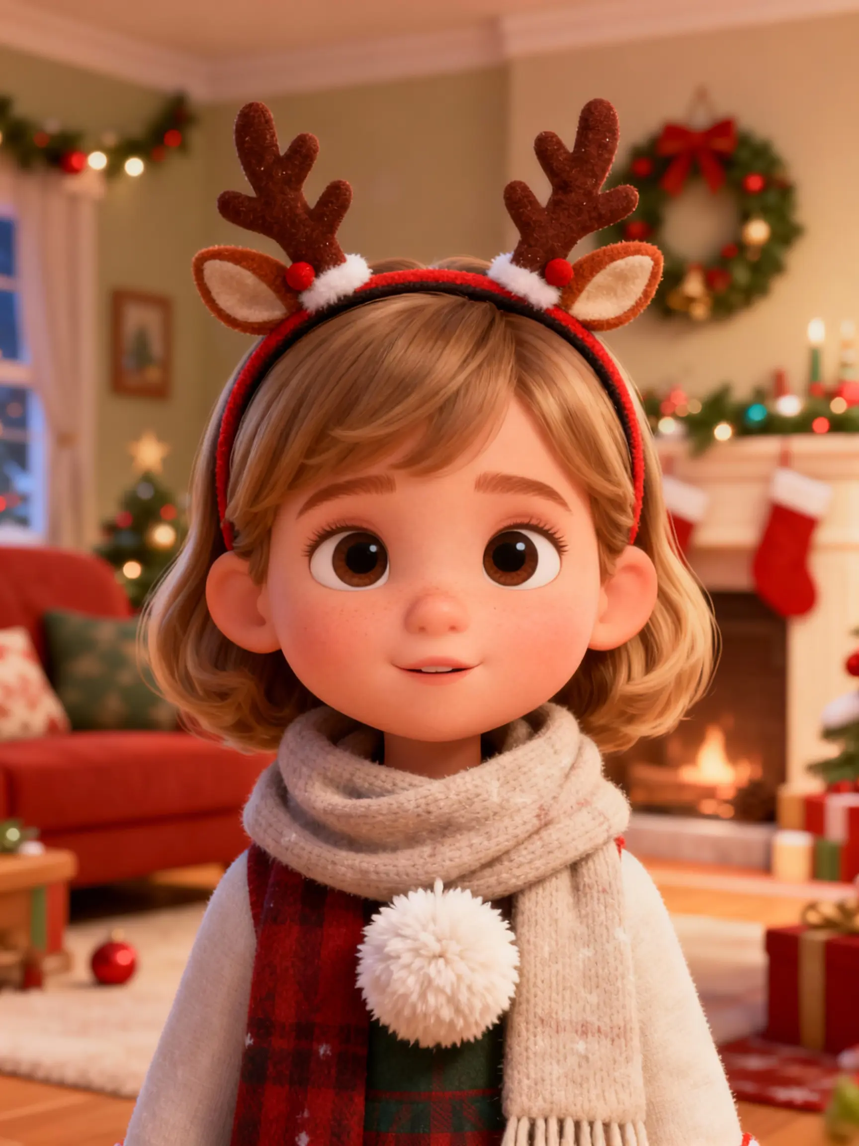 Sample 3D render of cute girl with mini antlers indoors