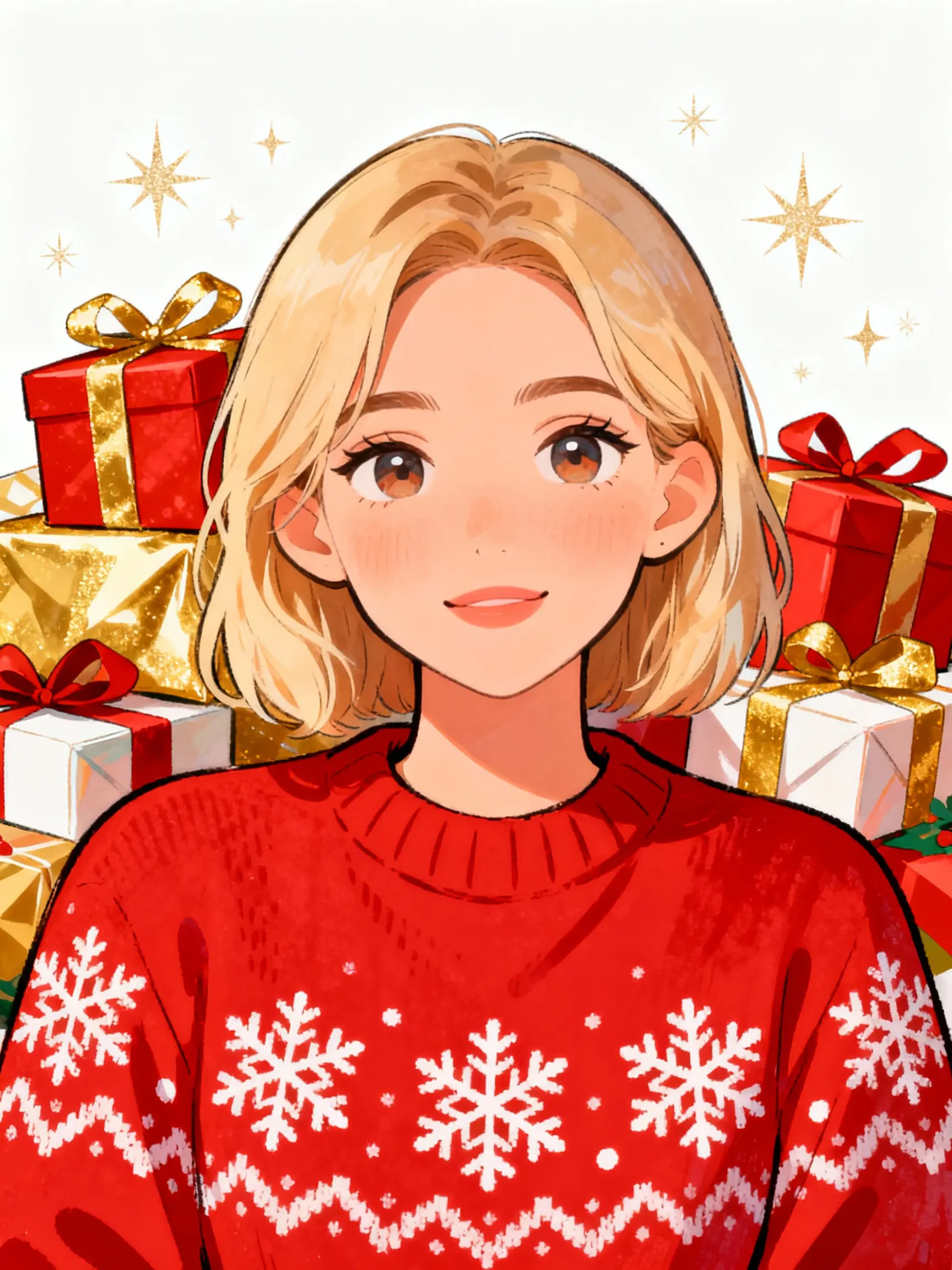 Sample cartoon woman in Christmas sweater with gifts