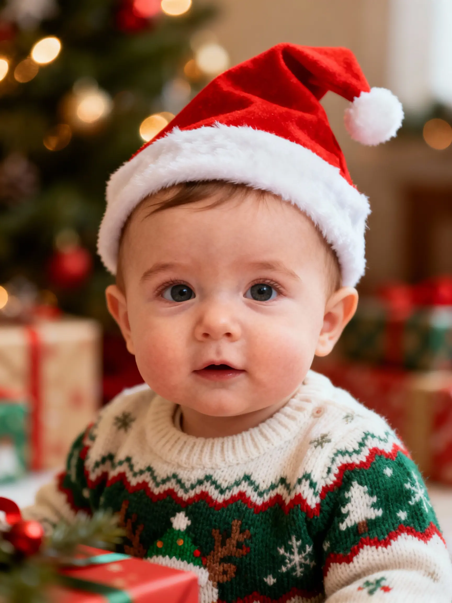 Sample cute baby in Christmas sweater with presents