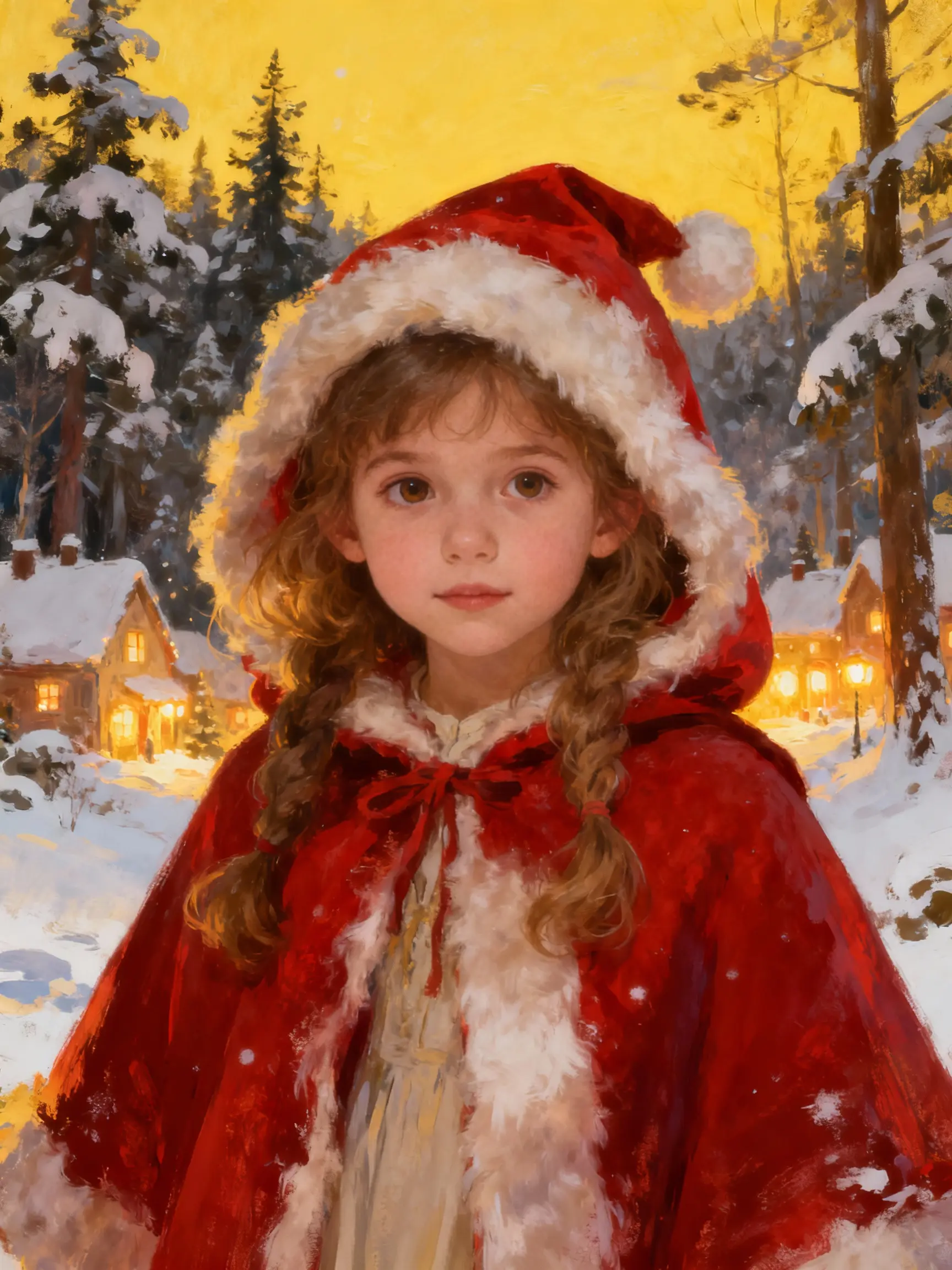Sample oil painting of a cute girl in red Christmas cloak