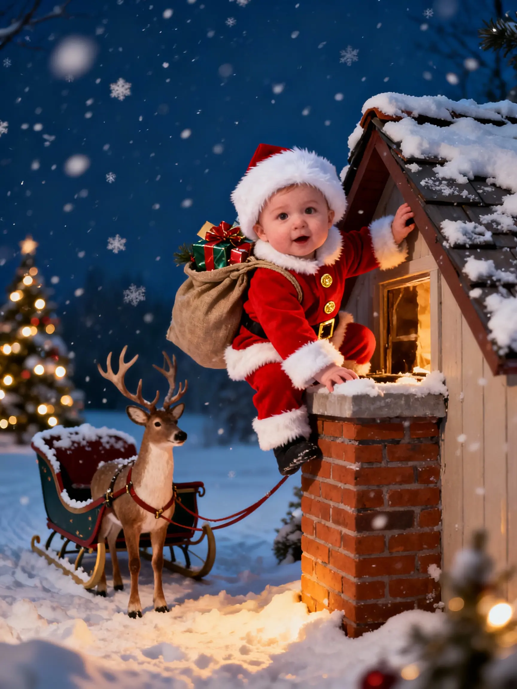 Sample realistic baby dressed as Santa coming from chimney