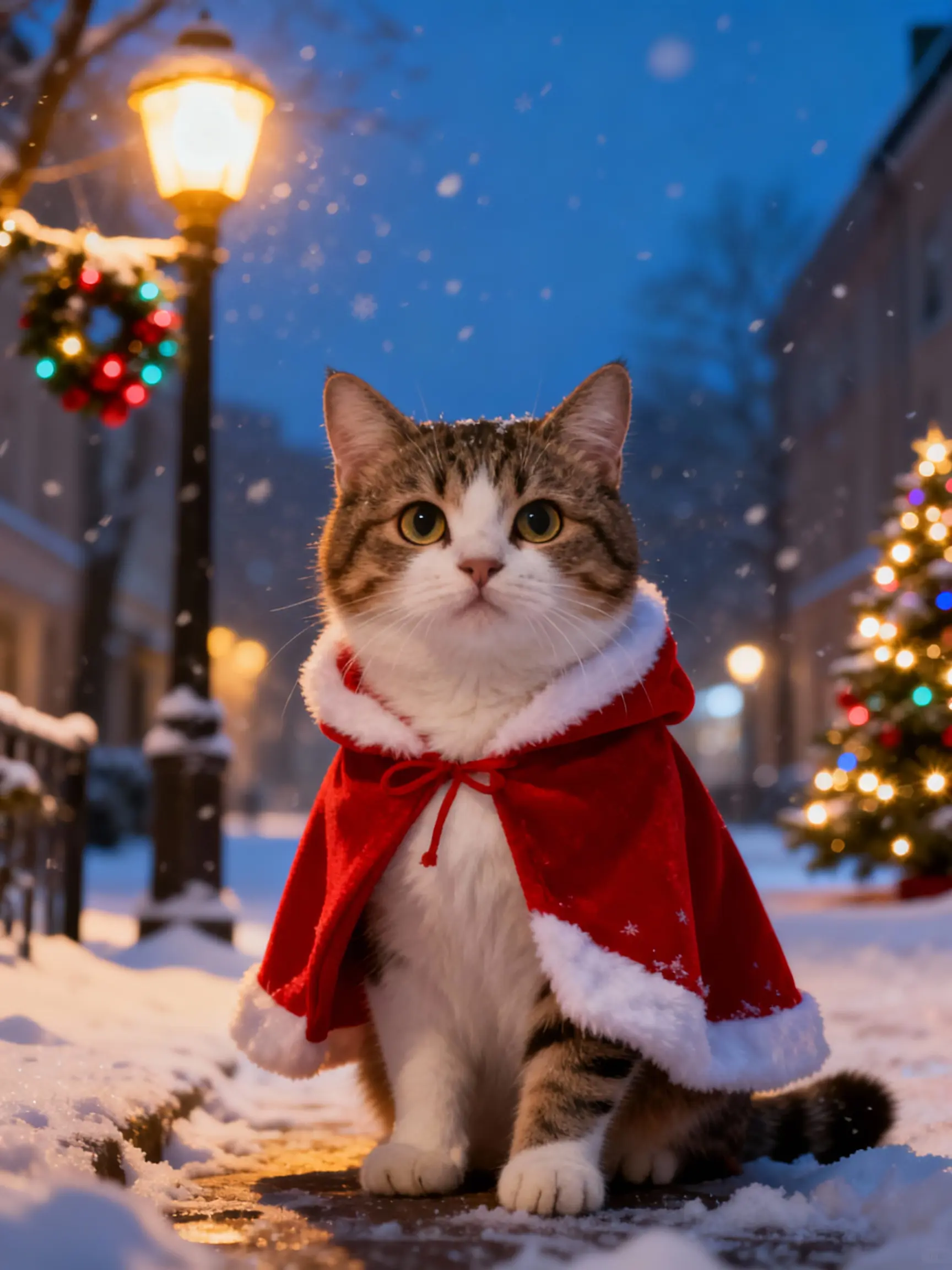 Sample realistic cat in Christmas cloak on snowy night street
