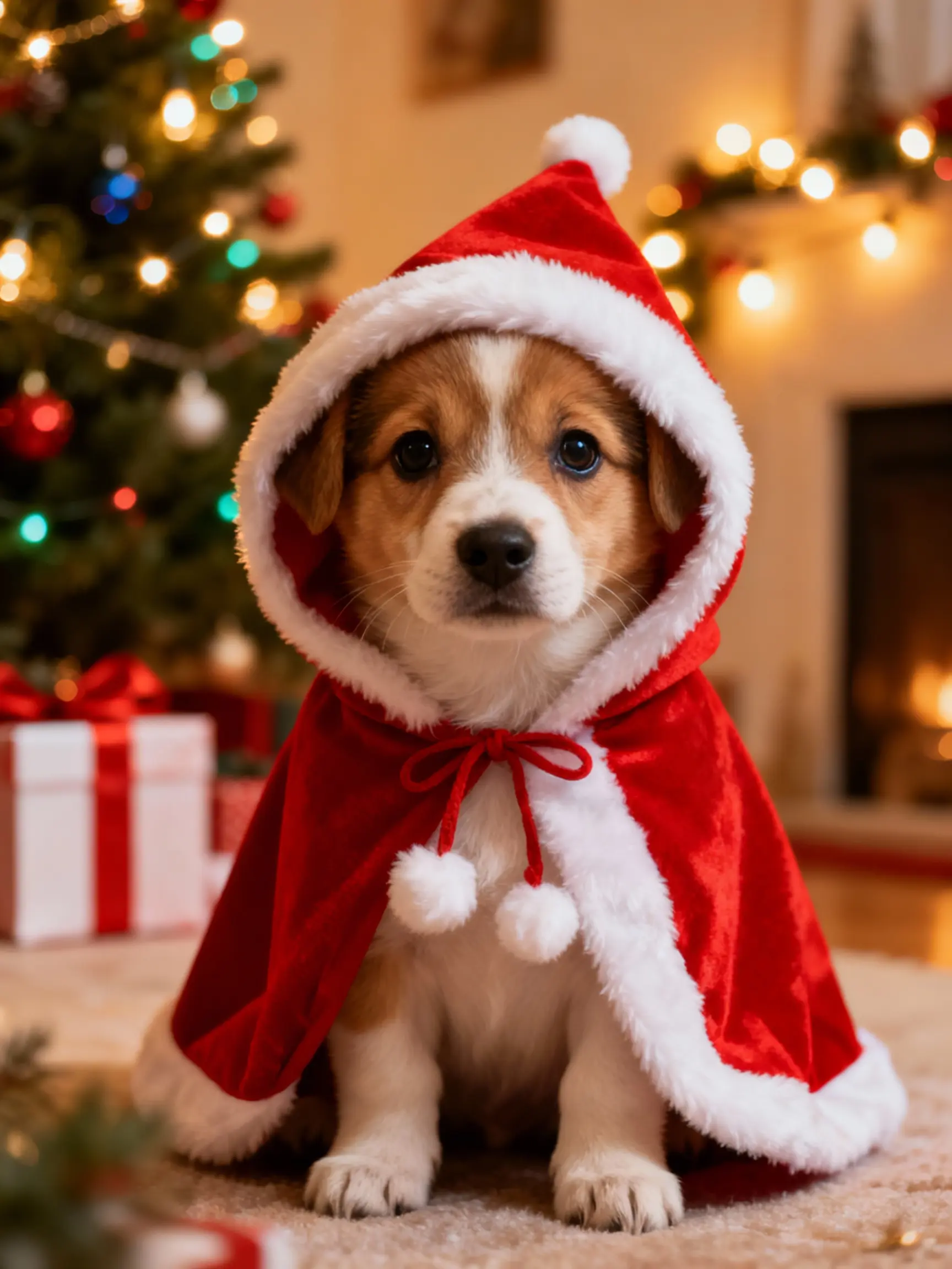 Sample realistic dog in Christmas cloak in cozy indoor setting