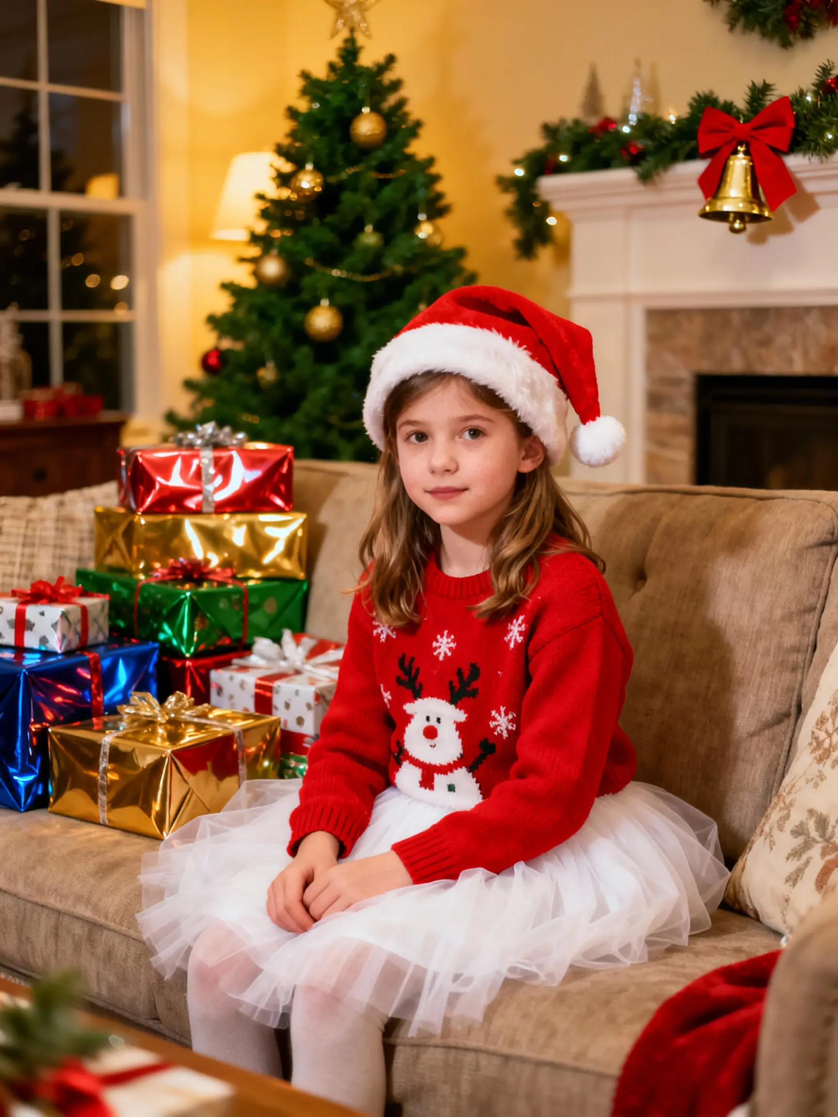 Sample realistic girl on sofa with Christmas gifts