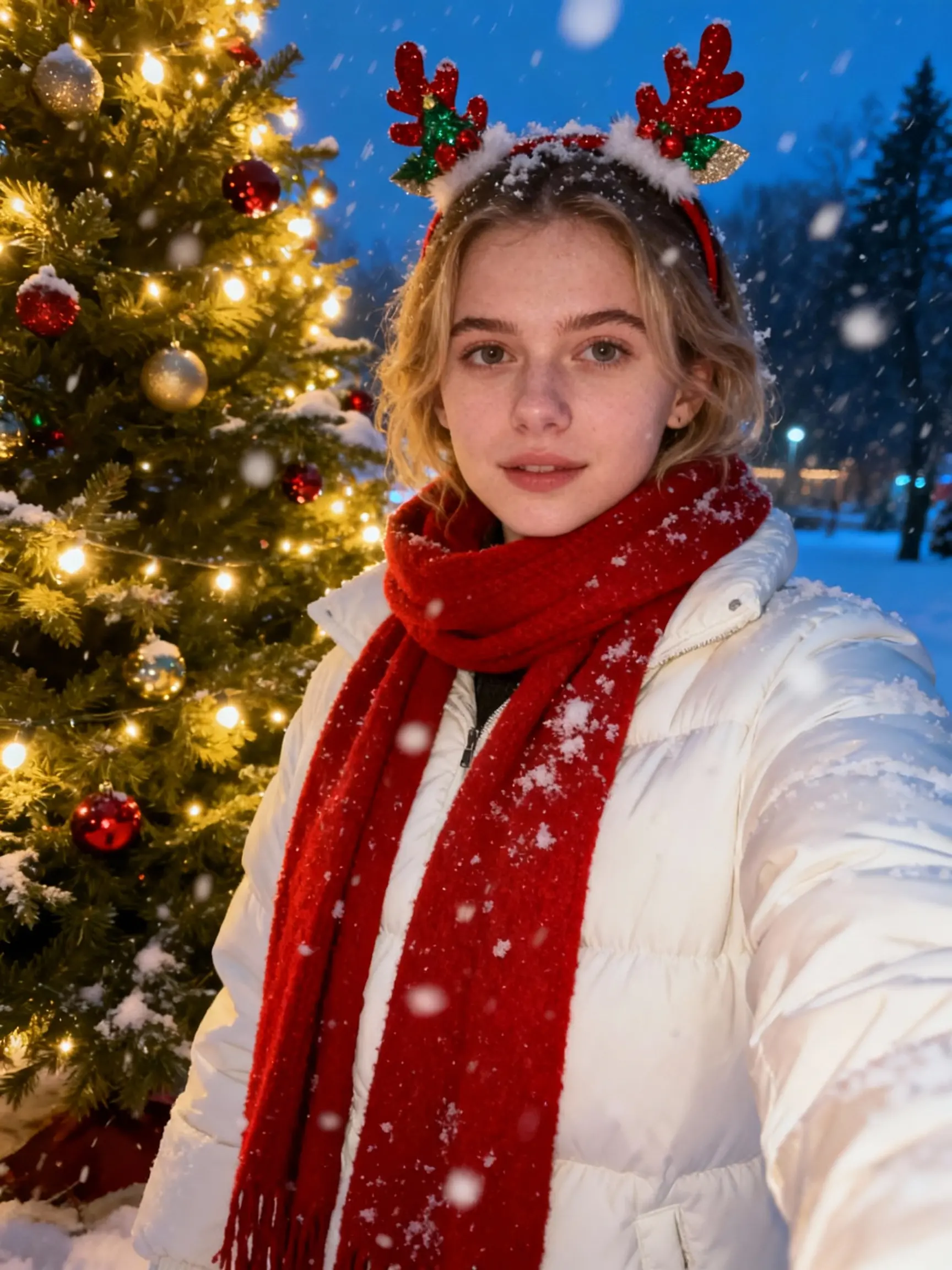 Sample realistic young woman by Christmas tree in winter outfit