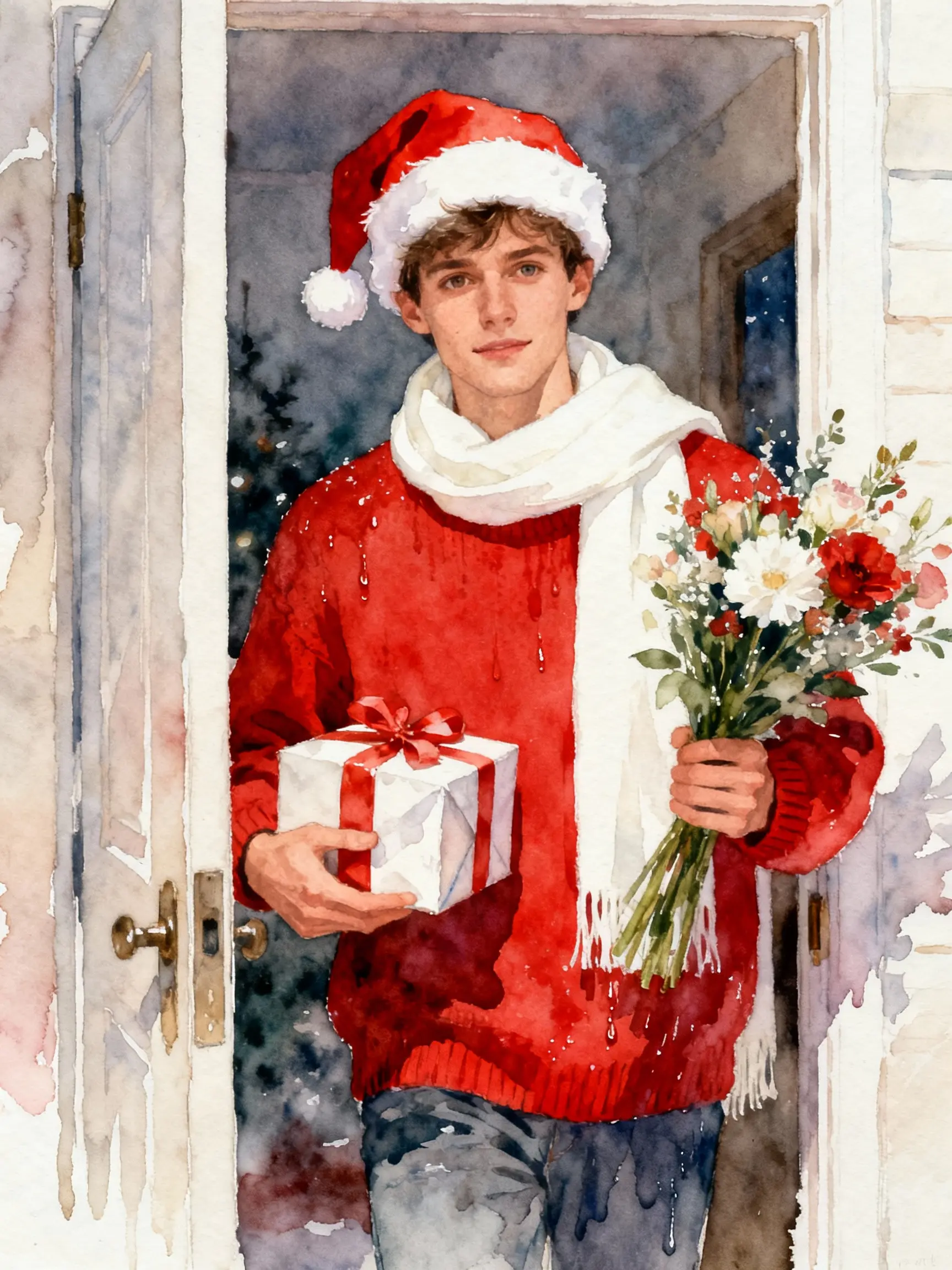 Sample watercolor young man in Christmas outfit holding gifts