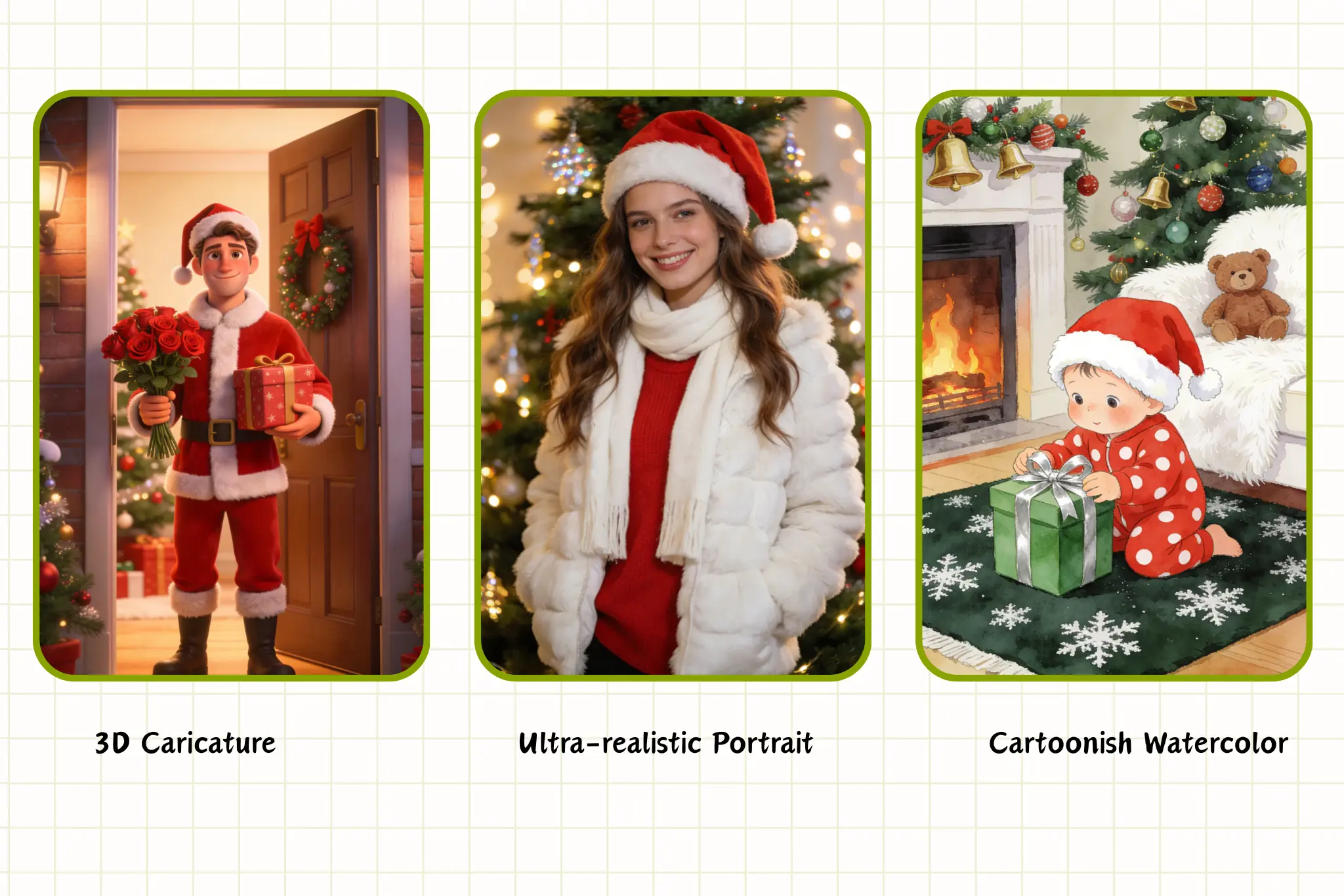 Create Christmas portraits using AI templates like 3D,realistic,or watercolor