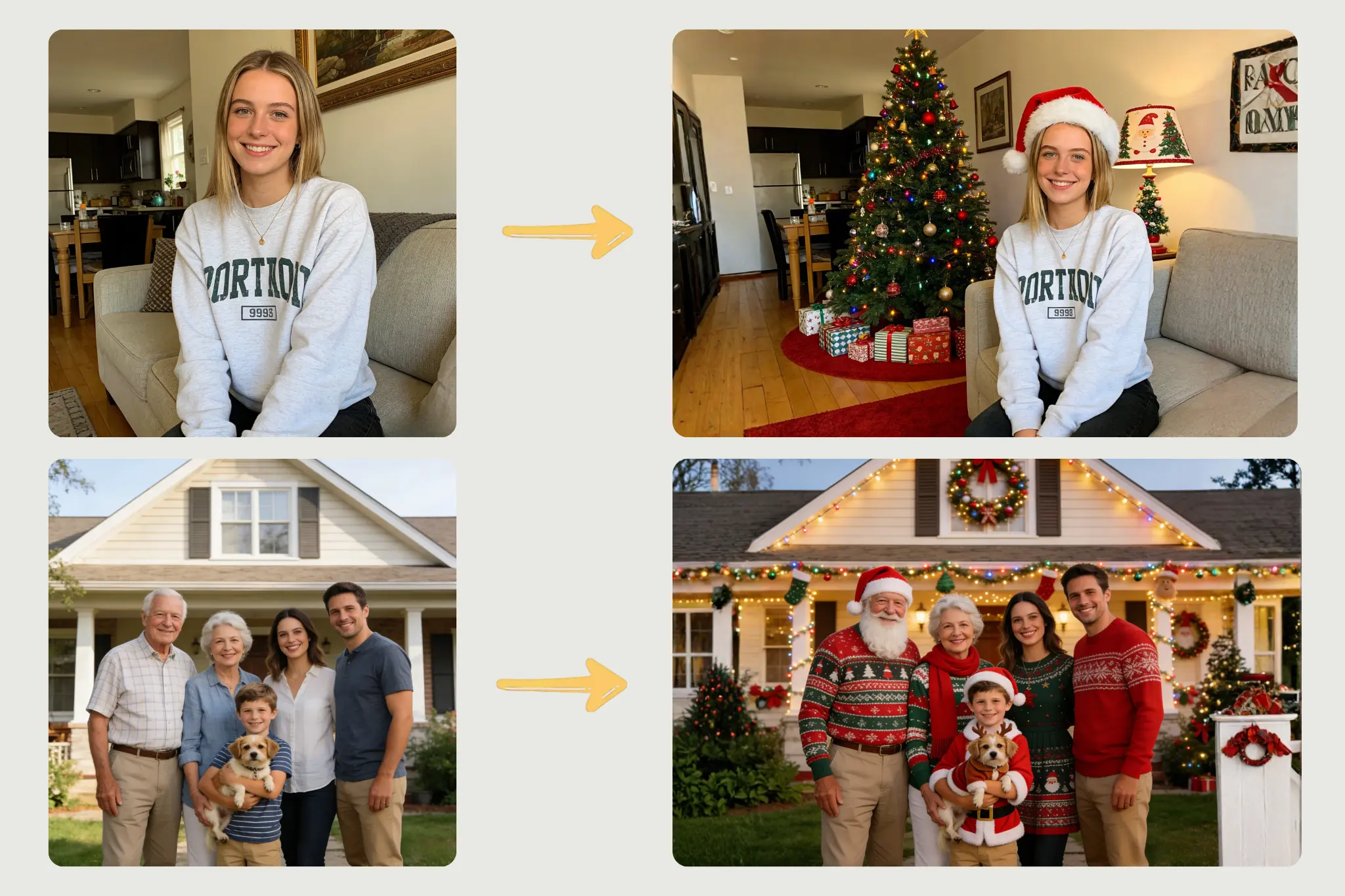 Upload a photo and let AI add Christmas outfits and festive effects