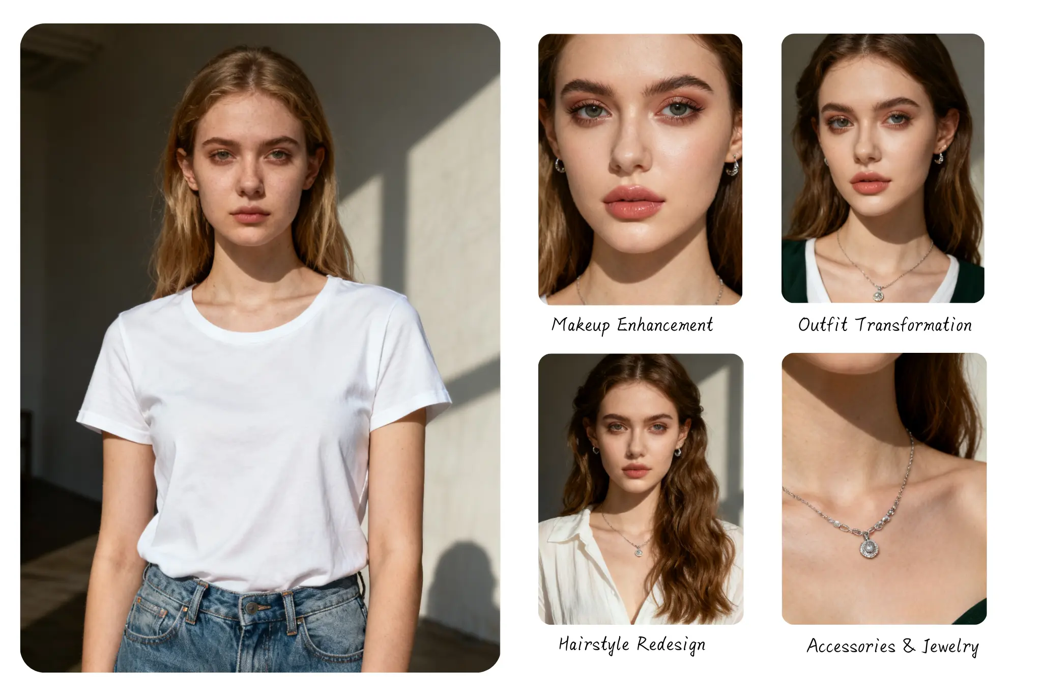 Before after AI portrait with new makeup,hair,outfit